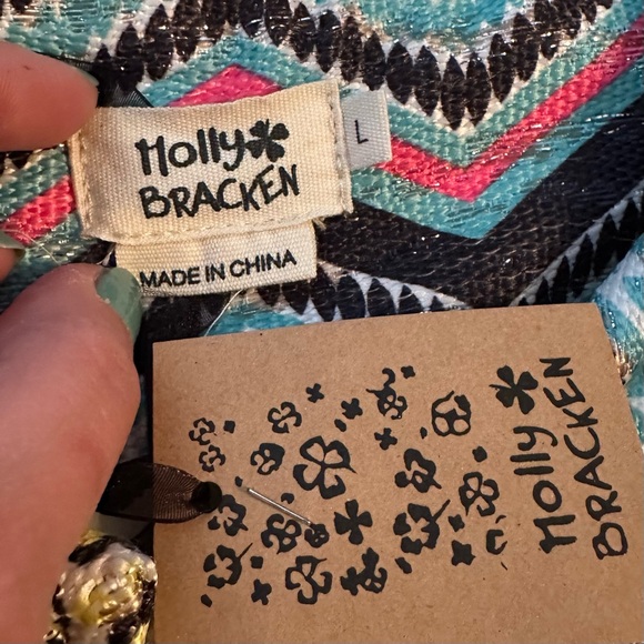 Molly Bracken Womens Blazer Jacket L Yellow Blue Chevron Print Metallic Zip NWT - Picture 10 of 10